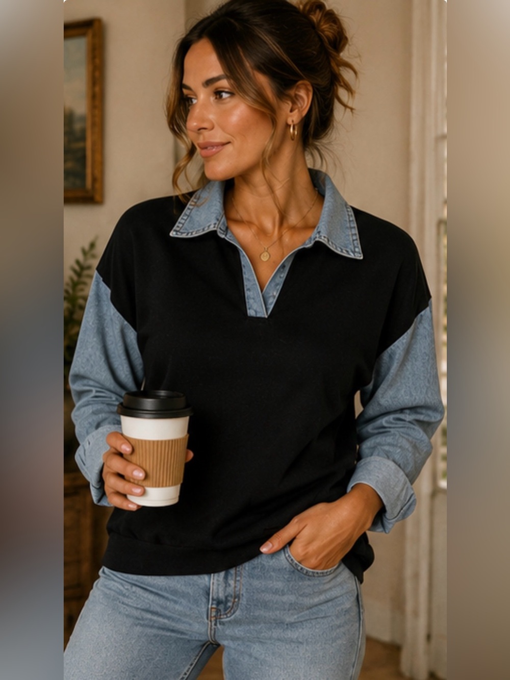 Black Denim Sleeve Colorblock Sweatshirt Collared Pullover Y2K 90s Style